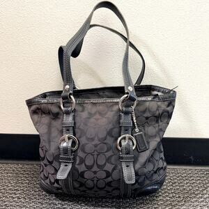 Coach Logo Black Shoulder Bag Purse w/Signature Leather Silver Hardware 15”x11”